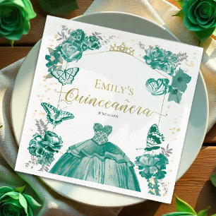Quinceanera Napkins Emerald Green Dress Floral