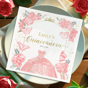 Quinceanera Napkins Pink Dress Floral Gold Foil 