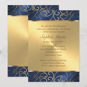 Quinceanera Navy Blue and Gold Filigree Swirls Invitation