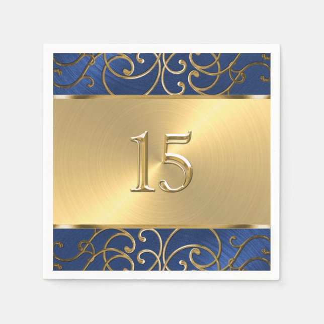 Quinceanera Navy Blue and Gold Filigree Swirls Napkin (Front)