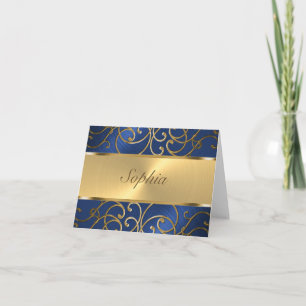 Quinceanera Navy Blue and Gold Filigree Swirls Note Card