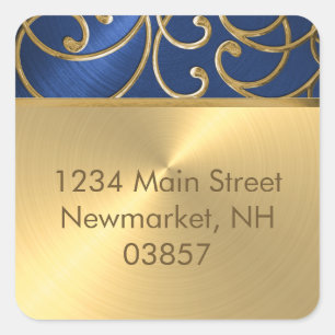 Quinceanera Navy Blue and Gold Filigree Swirls Square Sticker