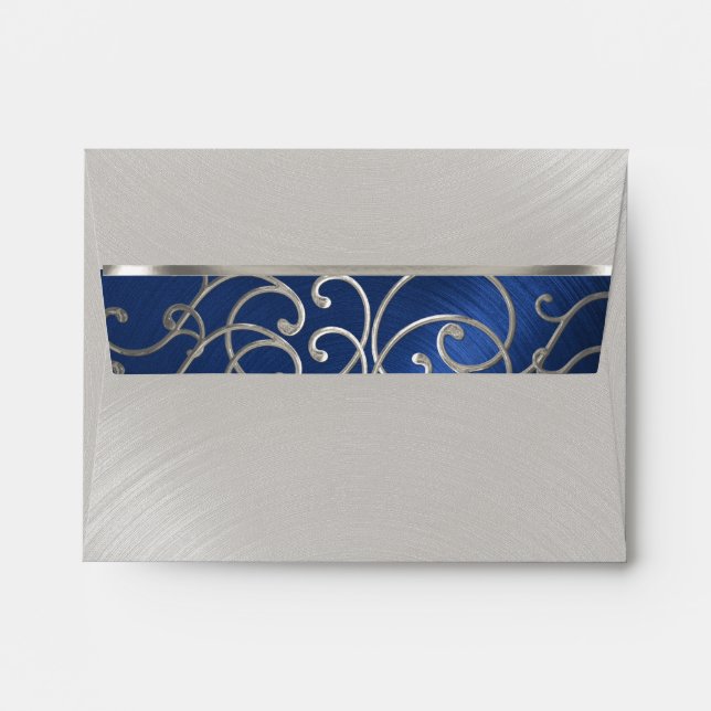 Quinceanera Navy Blue and Silver Filigree Swirls Envelopes (Back (Top Flap))