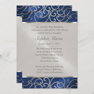 Quinceanera Navy Blue and Silver Filigree Swirls Invitation