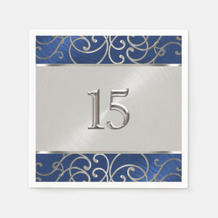 Quinceanera Navy Blue and Silver Filigree Swirls Napkin