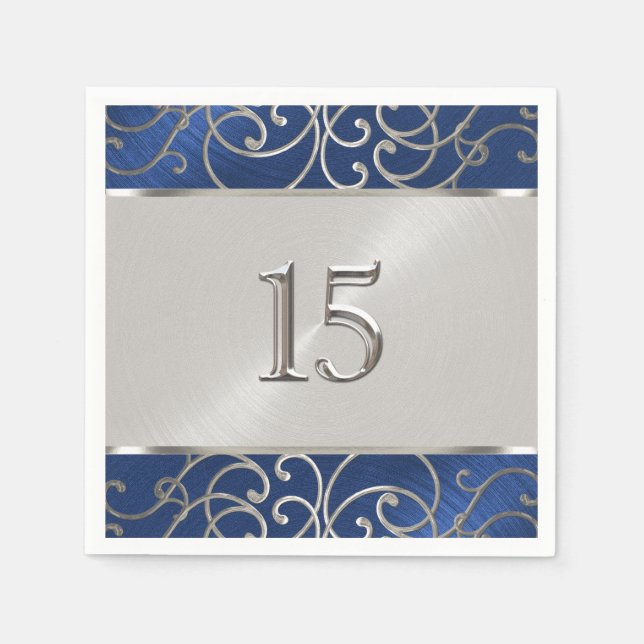 Quinceanera Navy Blue and Silver Filigree Swirls Napkin (Front)