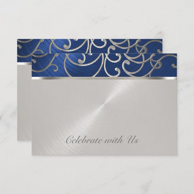 Quinceanera Navy Blue and Silver Filigree Swirls RSVP Card (Front/Back)