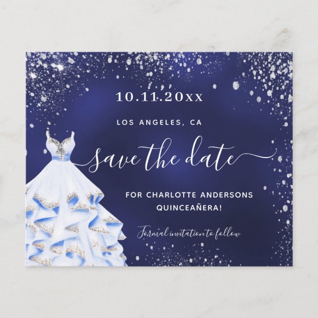 Quinceanera navy blue dress budget save the date flyer (Front)