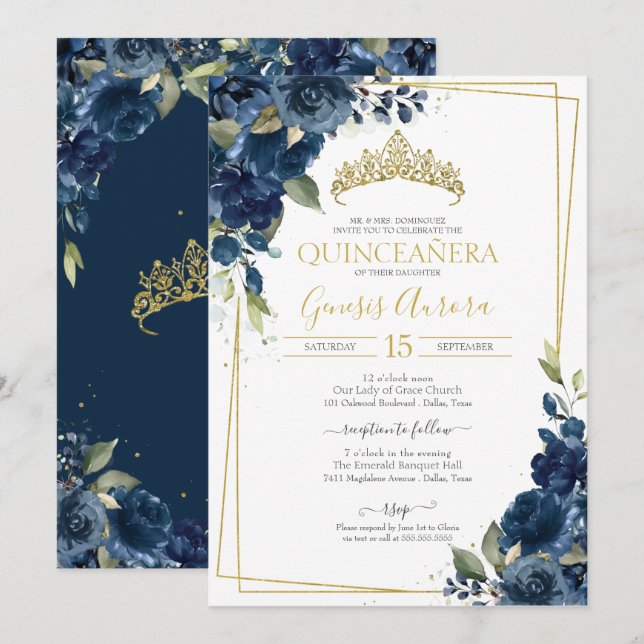 Quinceañera Navy Blue Elegant Watercolor Floral In Invitation (Front/Back)