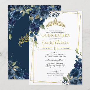 Quinceañera Navy Blue Elegant Watercolor Floral In Invitation