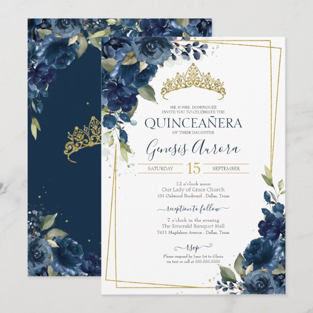 Quinceañera Navy Blue Elegant Watercolor Floral Invitation (Front/Back)