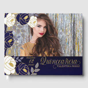 Quinceanera Navy Blue Floral Botanical Guest Book