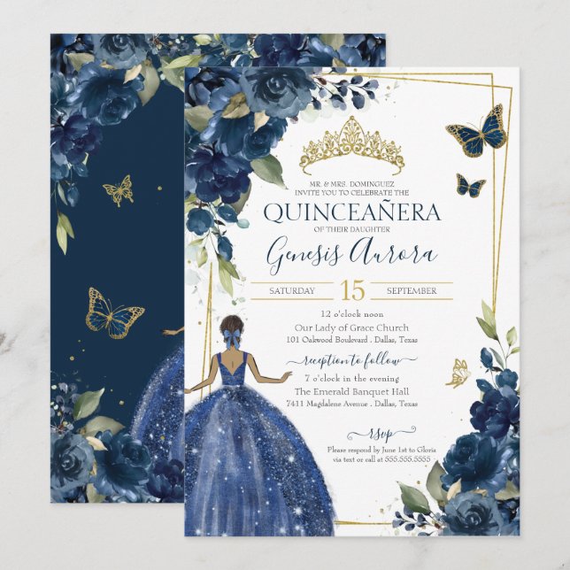 Quinceañera Navy Blue Floral Butterflies and Dress Invitation (Front/Back)