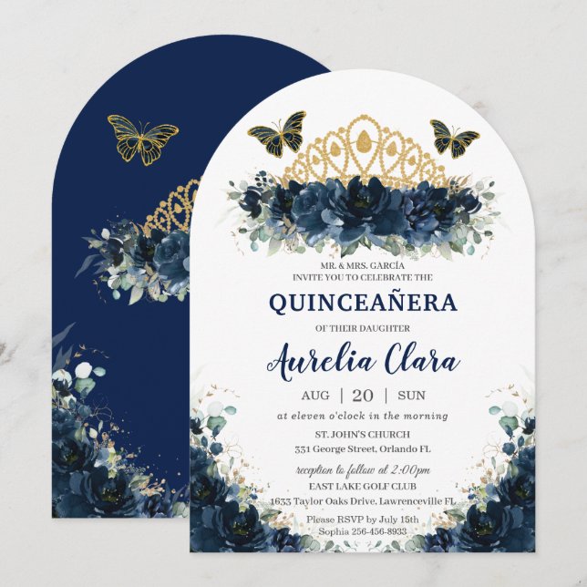 Quinceañera Navy Blue Floral Butterflies Crown Invitation (Front/Back)