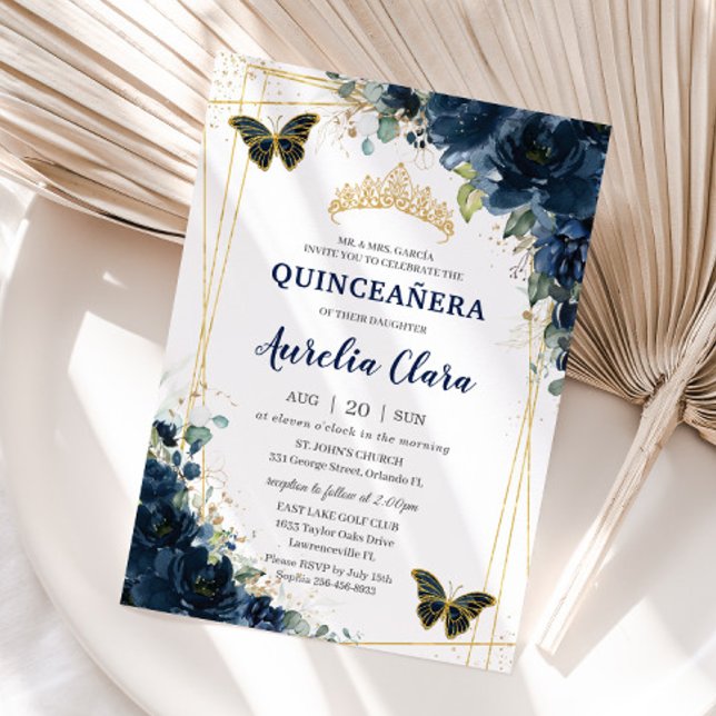 Quinceañera Navy Blue Floral Butterflies Crown  Invitation (Creator Uploaded)