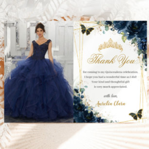 Quinceañera Navy Blue Floral Butterflies Picture Thank You Card