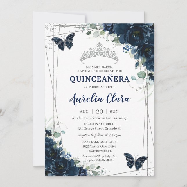 Quinceañera Navy Blue Floral Butterflies Silver Invitation (Front)