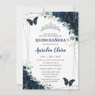 Quinceañera Navy Blue Floral Butterflies Silver Invitation