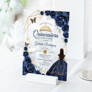 Quinceanera Navy Blue Floral Dress Gold Acrylic Invitations