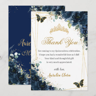 Quinceañera Navy Blue Floral Gold Butterflies Thank You Card