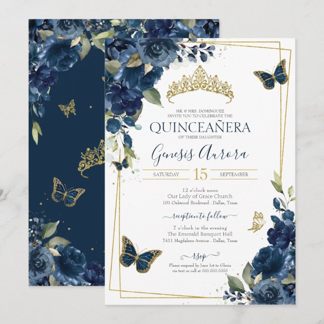 Quinceañera Navy Blue Floral Gold Butterfly Invitation (Front/Back)