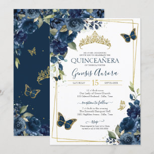Quinceañera Navy Blue Floral Gold Butterfly Invitation