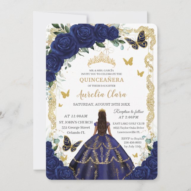 Quinceañera Navy Blue Floral Gold Princess  Invitation (Front)