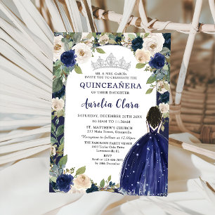 Quinceañera Navy Blue Floral Princess Birthday Invitation