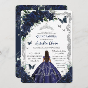Quinceañera Navy Blue Floral Silver Princess Invitation