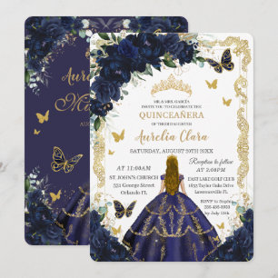 Quinceañera Navy Blue Flowers Blonde Princess  Invitation