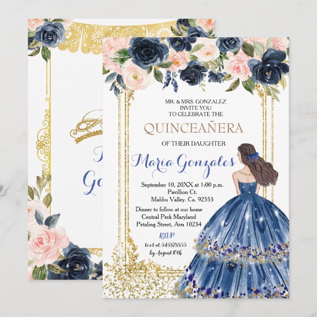 Quinceanera Navy Blue Flowers Gold Invitation (Front/Back)