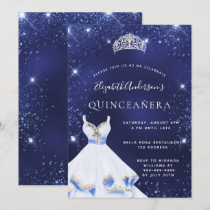 Quinceanera navy blue glitter dress tiara invitation