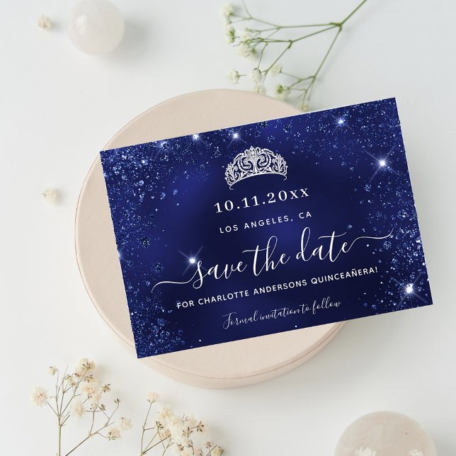  Quinceanera navy blue glitter save the date Announcement Postcard (Creator Uploaded)