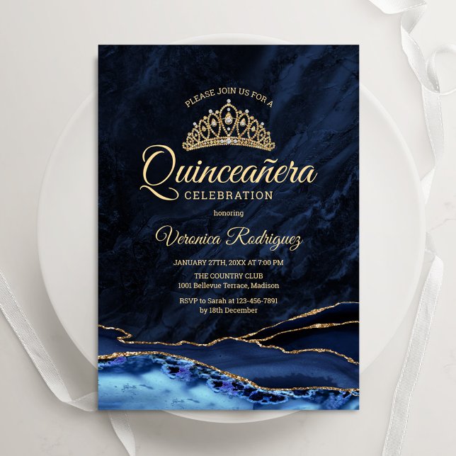 Quinceanera Navy Blue Gold Agate Marble Invitation (Creator Uploaded)