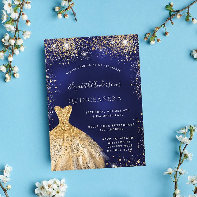 Quinceanera navy blue gold dress luxury invitation (Creator Uploaded)