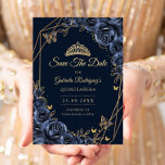 Quinceanera Navy Blue Gold Floral Butterfly Save The Date<br><div class="desc">Navy blue and gold Quinceanera celebration save the date card. Features gold butterflies,  watercolor roses,  tiara and script font. Perfect for an elegant princess style glam celebration. Personalize with your own details. Printed Zazzle cards or instant download digital printable template.</div>
