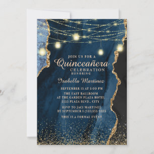 Quinceañera Navy Blue Gold Glitter String Lights Invitation
