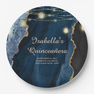 Quinceañera Navy Blue Gold Glitter String Lights Paper Plate
