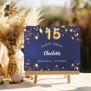 Quinceanera navy blue gold stars guest book