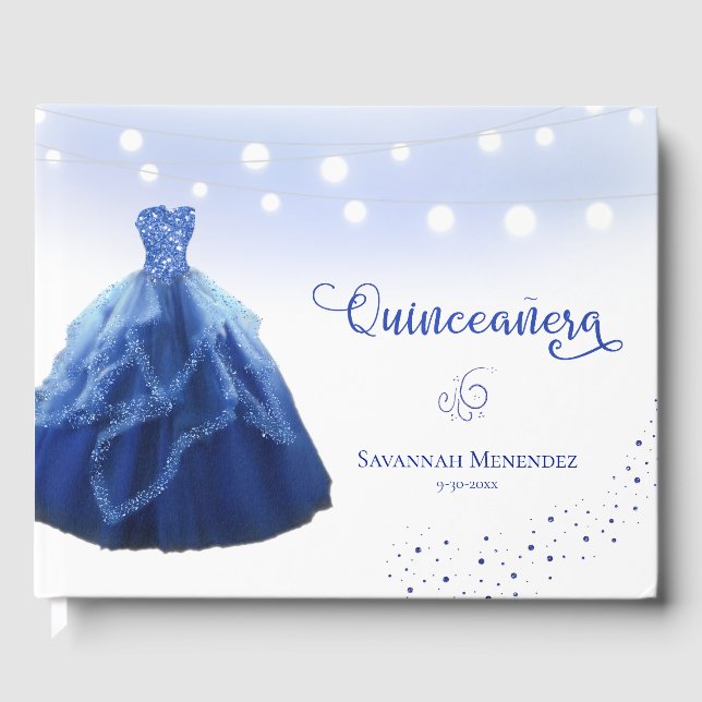Quinceanera Navy Blue Gown String Lights Photo Guest Book (Front)