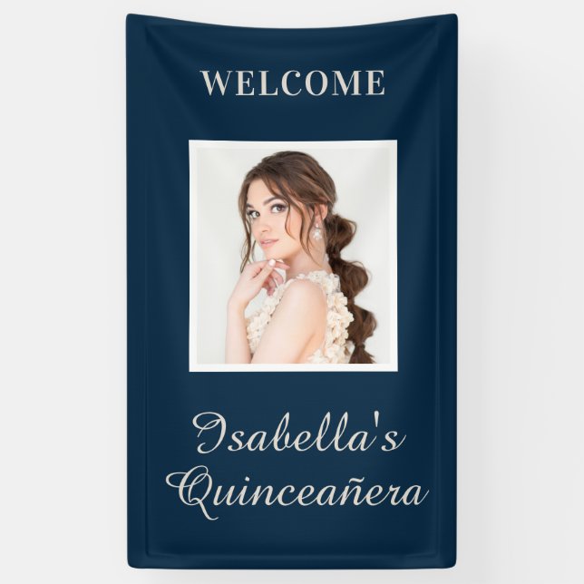 Quinceañera Navy Blue Name Photo Vertical Banner (Vertical)