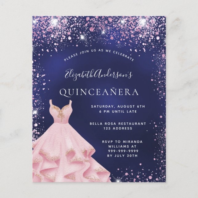 Quinceanera navy blue pink dress invitation (Front)