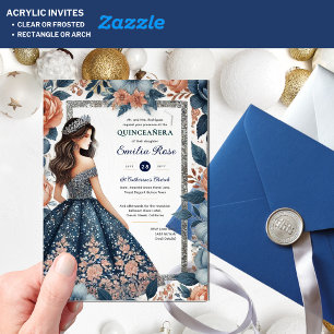 Quinceañera Navy Blue Rose Gold Dress Flowers Acrylic Invitations