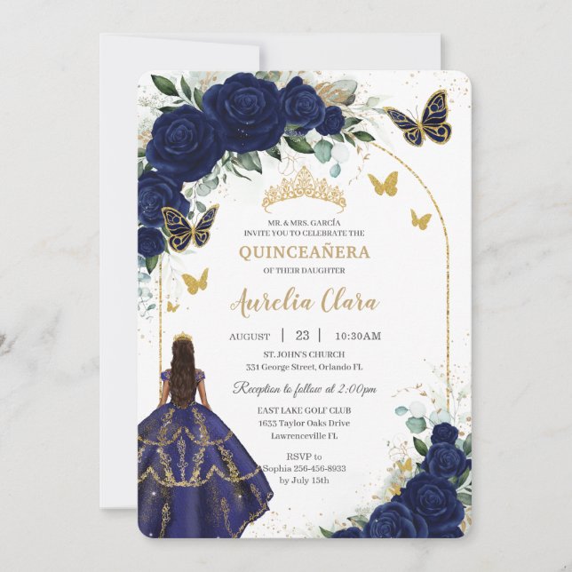 Quinceañera Navy Blue Roses Floral Princess Gold Invitation (Front)