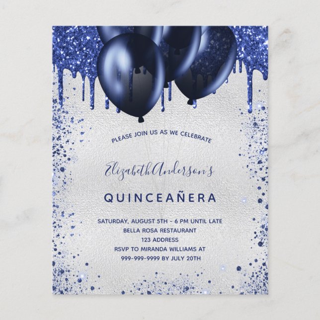 Quinceanera navy blue silver budget invitation flyer (Front)