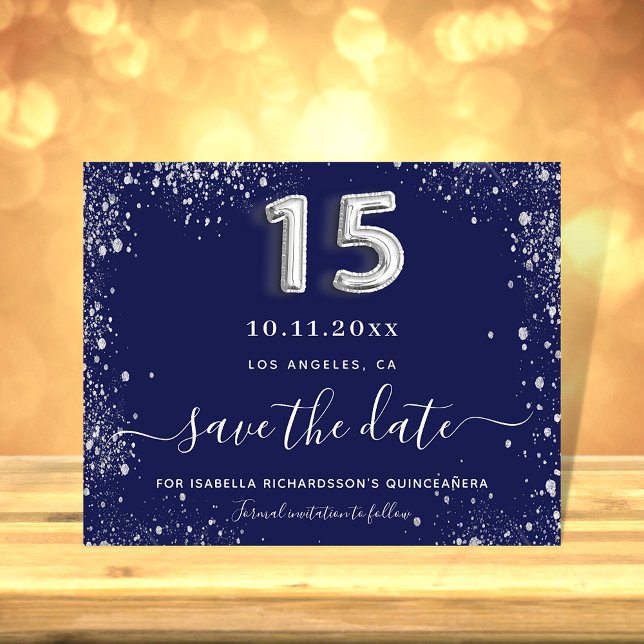 Quinceanera navy blue silver budget save the date flyer (Creator Uploaded)