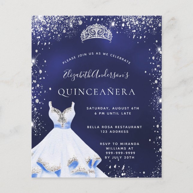 Quinceanera navy blue silver dress tiara budget flyer (Front)