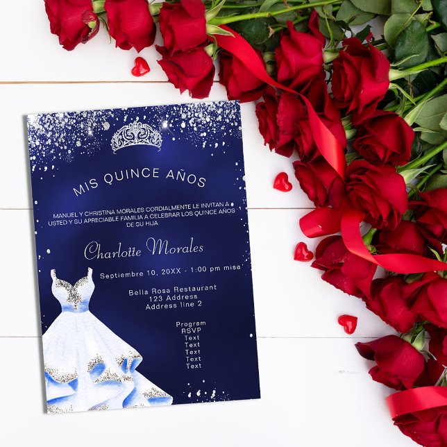 Quinceanera navy blue silver dress tiara invitation postcard (Creator Uploaded)
