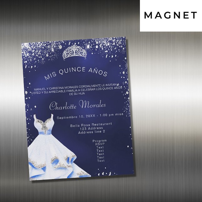 Quinceanera navy blue silver dress tiara luxury magnetic invitation (Creator Uploaded)