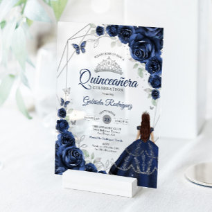 Quinceanera Navy Blue Silver Floral Dress Acrylic Invitations